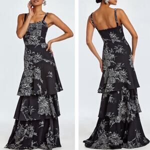 MESTIZA NEW YORK Torero Ruffled Floral Black and White Maxi Gown Size 4